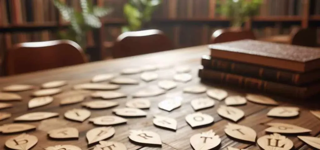 Ein Holztisch, darauf verteilt sind Holzplättchen mit eingebrannten Schriftzeichen. Im Hintergrund eine Bibliothek.