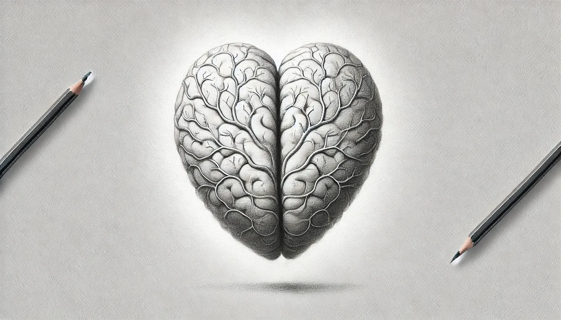 Eine Bleistiftzeichnung eines Gehirns von oben in der Form eines Herzens